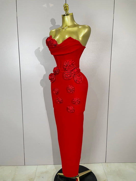 Strapless 3D Flower Bandage Maxi Dress – Elegant Evening Gown