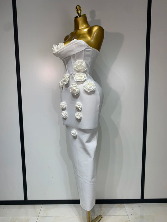 Strapless 3D Flower Bandage Maxi Dress Elegant Evening Gown with Detailed Floral Embellishments for Special Occasions
