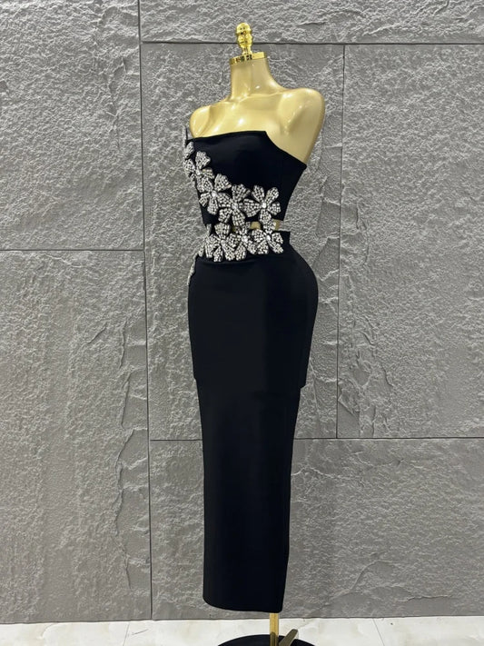 Luxury ⭐ Vestido Bodycon Negro con Flores Brillantes – 2 Piezas Elegante