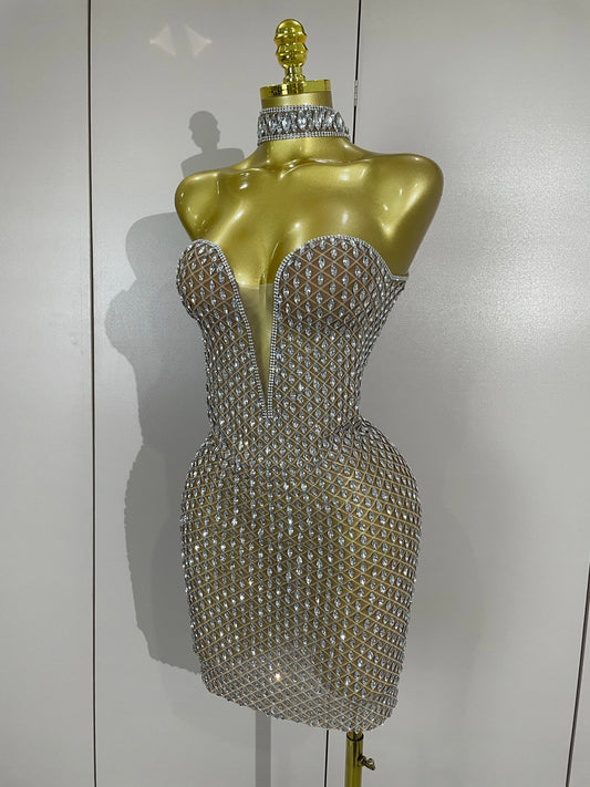 Luxurious Full Rhinestones Mesh Transparent Short