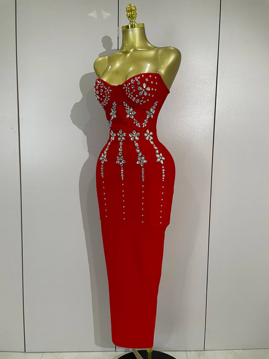 ✨ Luxury Red Diamond Strapless – Sparkly Bodycon Evening Dress