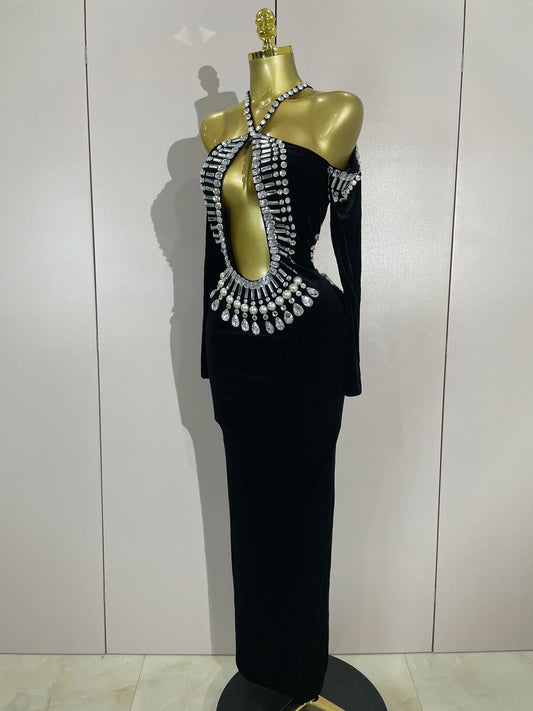 Luxury Sparkly Diamonds Black Velvet Hollow Out Long Sleeve Dress