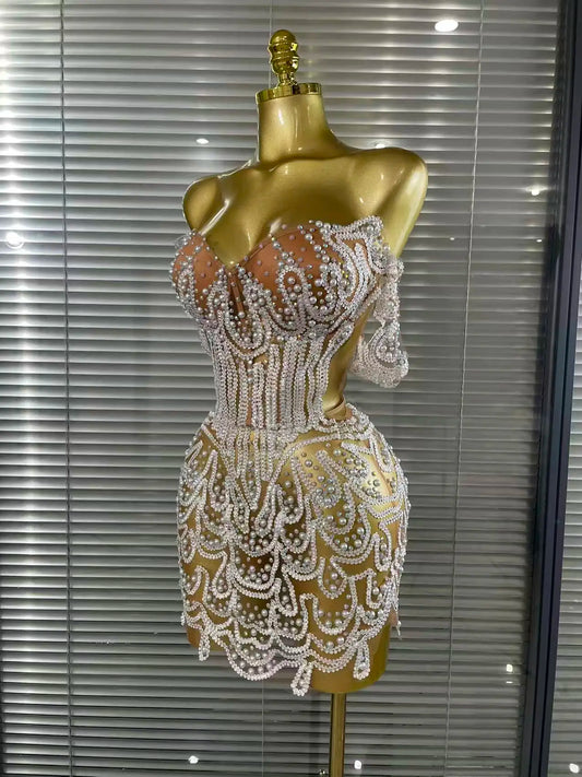 ✨ Luxury Beaded Strapless Mini Dress – Bodycon Party & Birthday