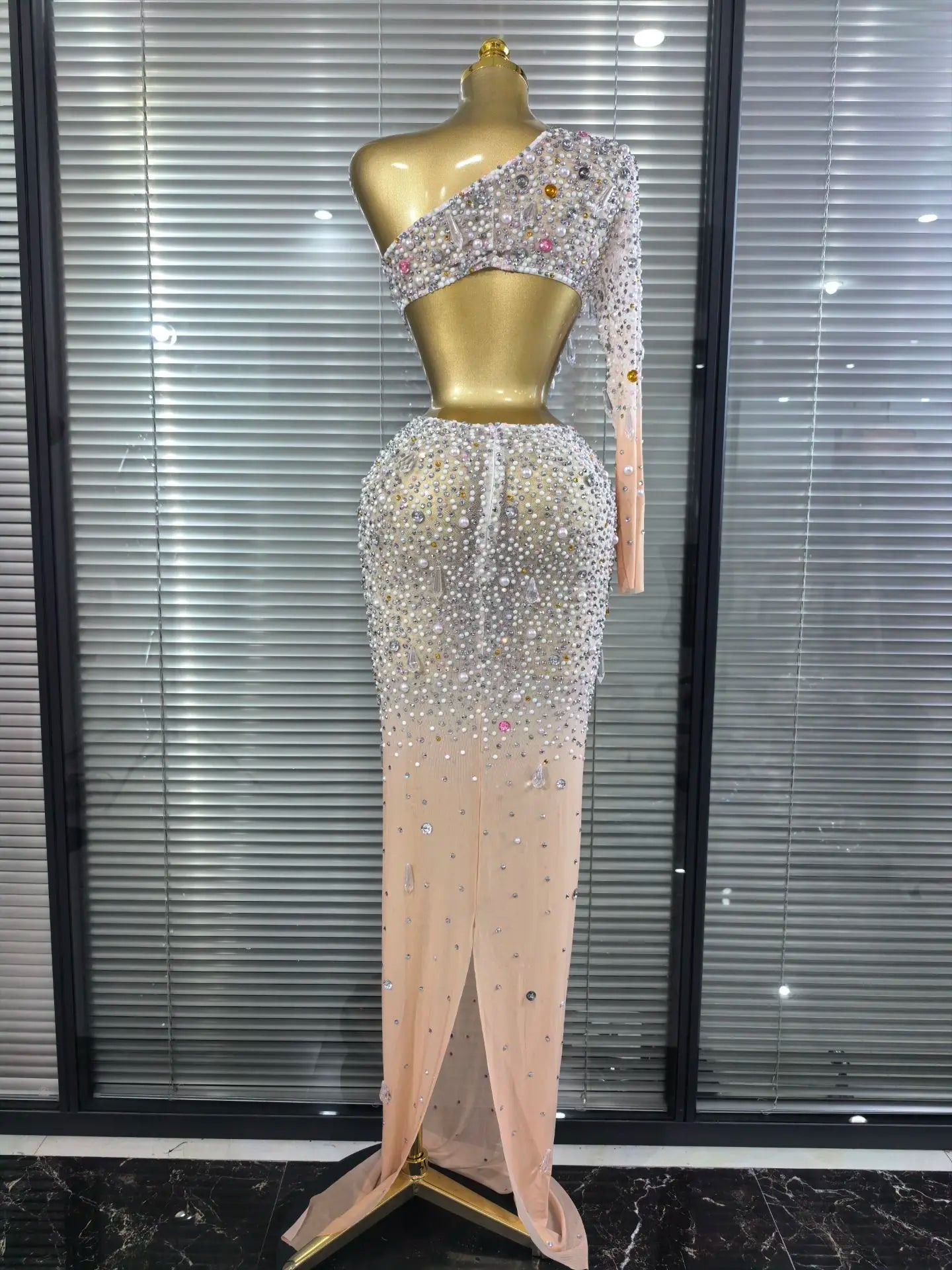 ✨Luxury Crystal One-Sleeve Mesh Evening Dress – Bodycon Long Gown✨