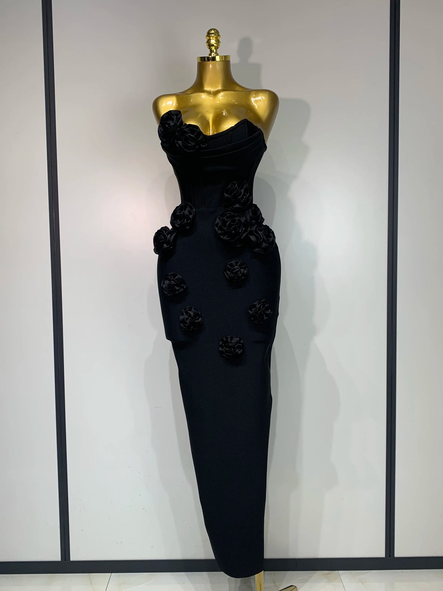 Strapless 3D Flower Bandage Maxi Dress Elegant Evening Gown with Detailed Floral Embellishments for Special Occasions