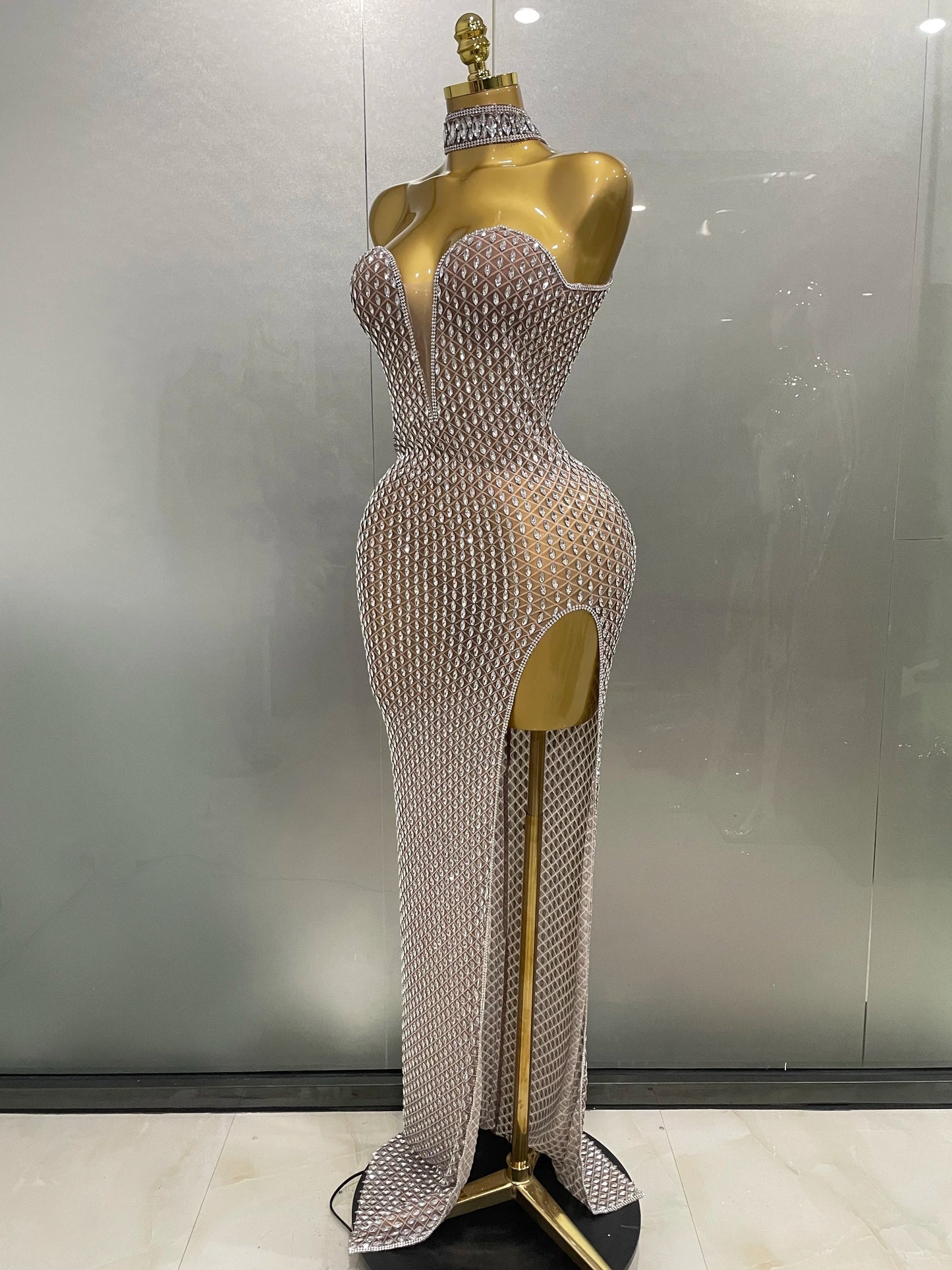 Rhinestone Mesh Sheer Long Dress – Elegant Evening & Birthday Look