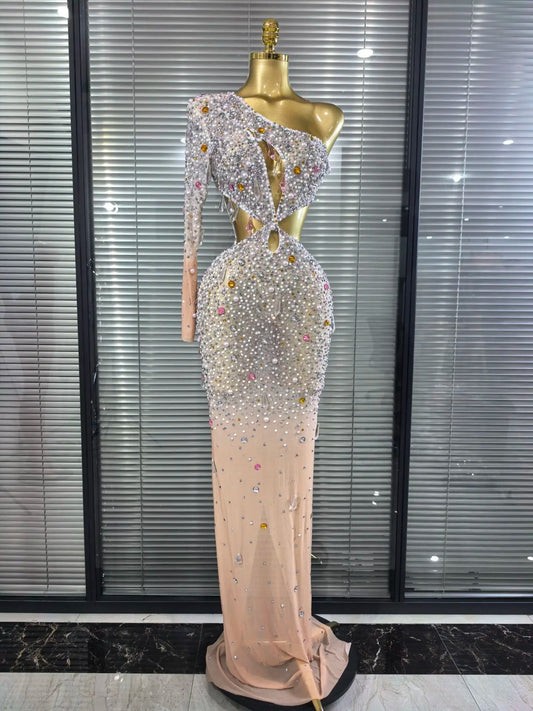 ✨Luxury Crystal One-Sleeve Mesh Evening Dress – Bodycon Long Gown✨