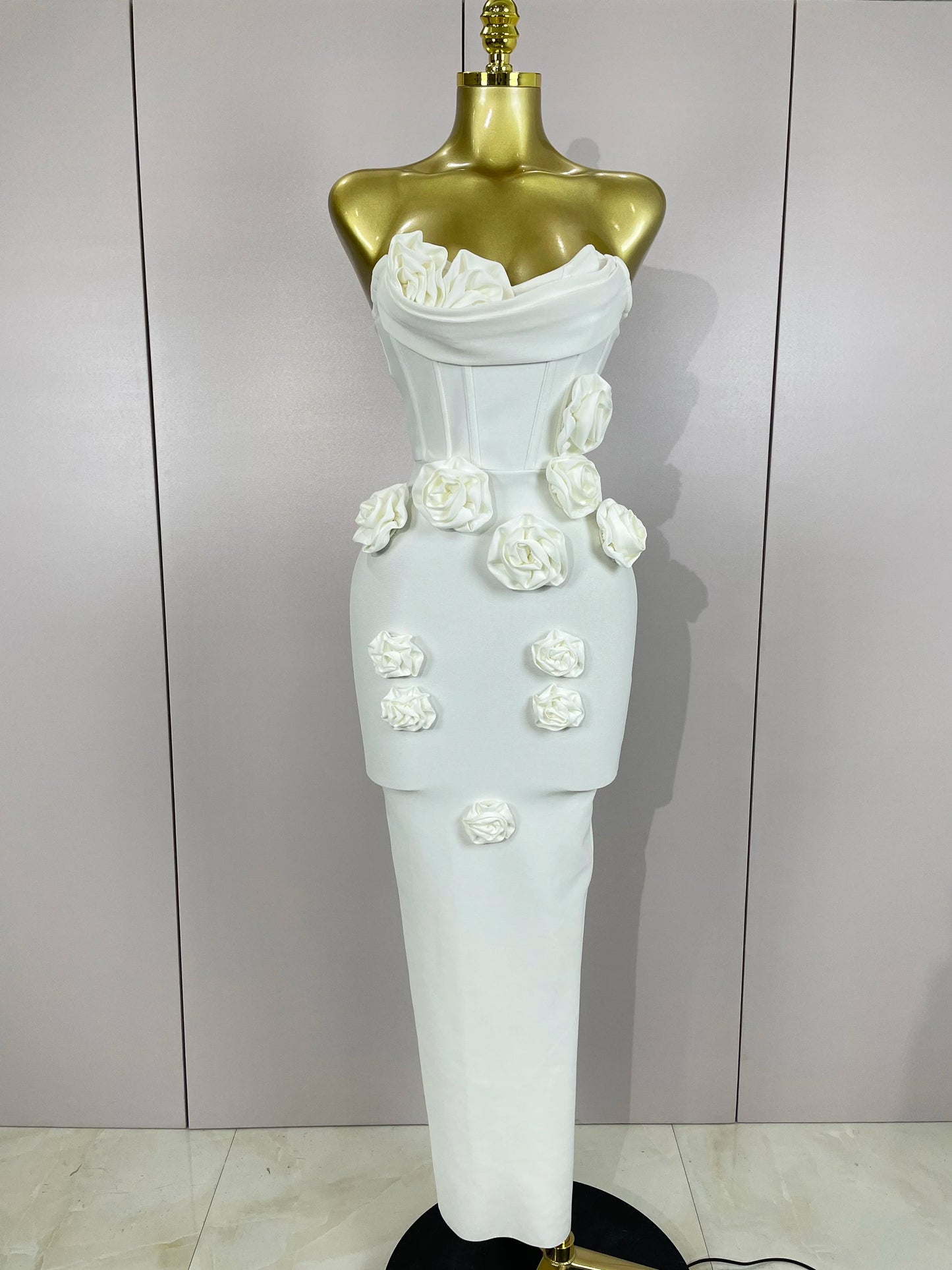 Strapless 3D Flower Bandage Maxi Dress – Elegant Evening Gown