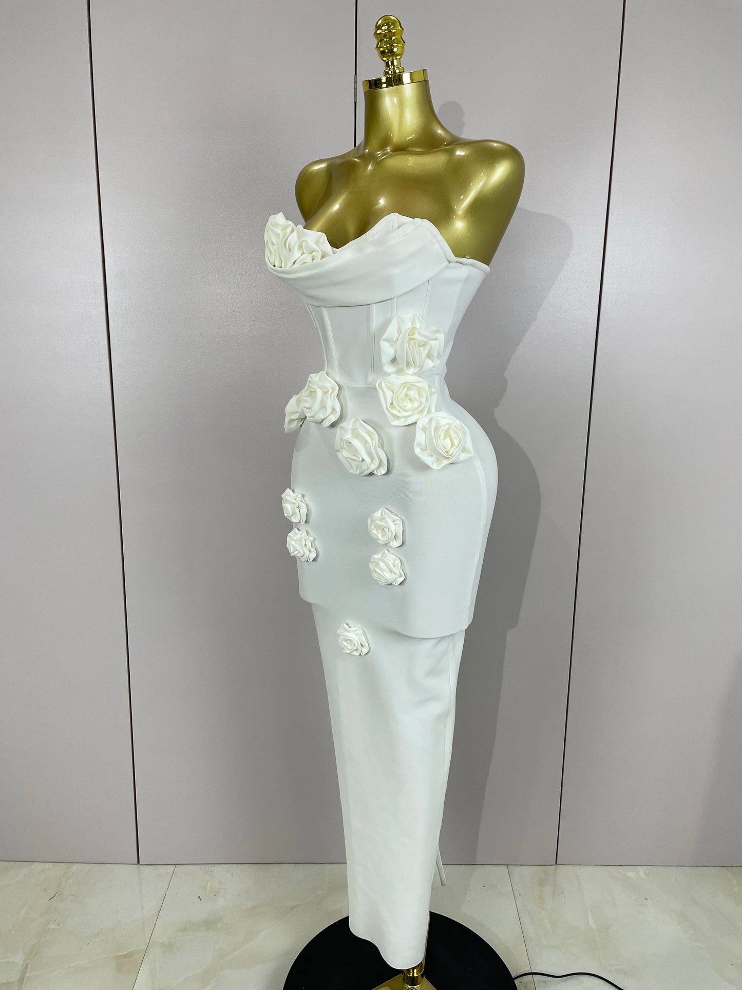 Strapless 3D Flower Bandage Maxi Dress – Elegant Evening Gown