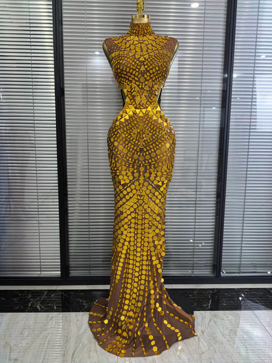 ✨Luxury Shiny Mirror Rhinestones Hollowed-out Long Dress