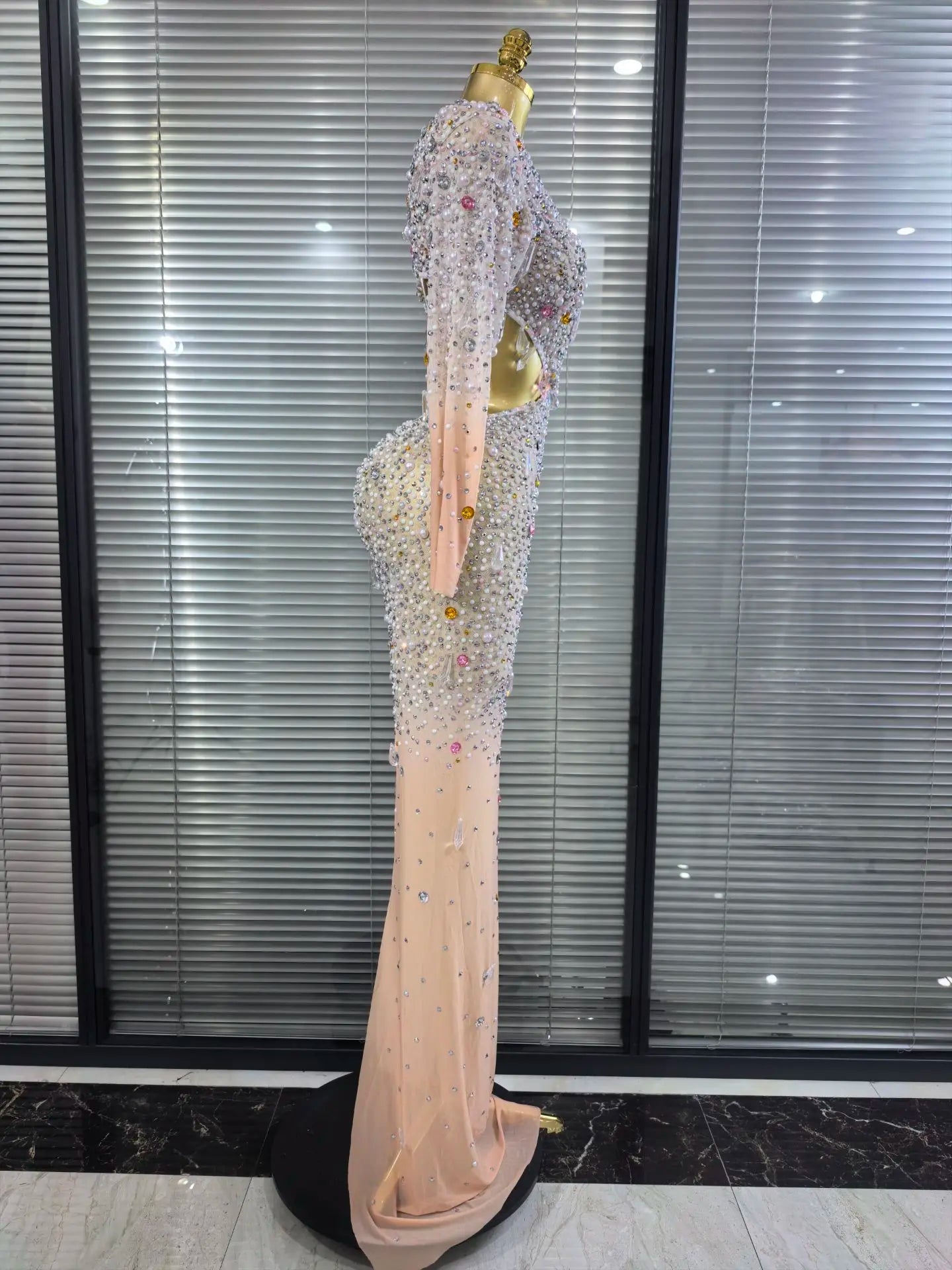 ✨Luxury Crystal One-Sleeve Mesh Evening Dress – Bodycon Long Gown✨