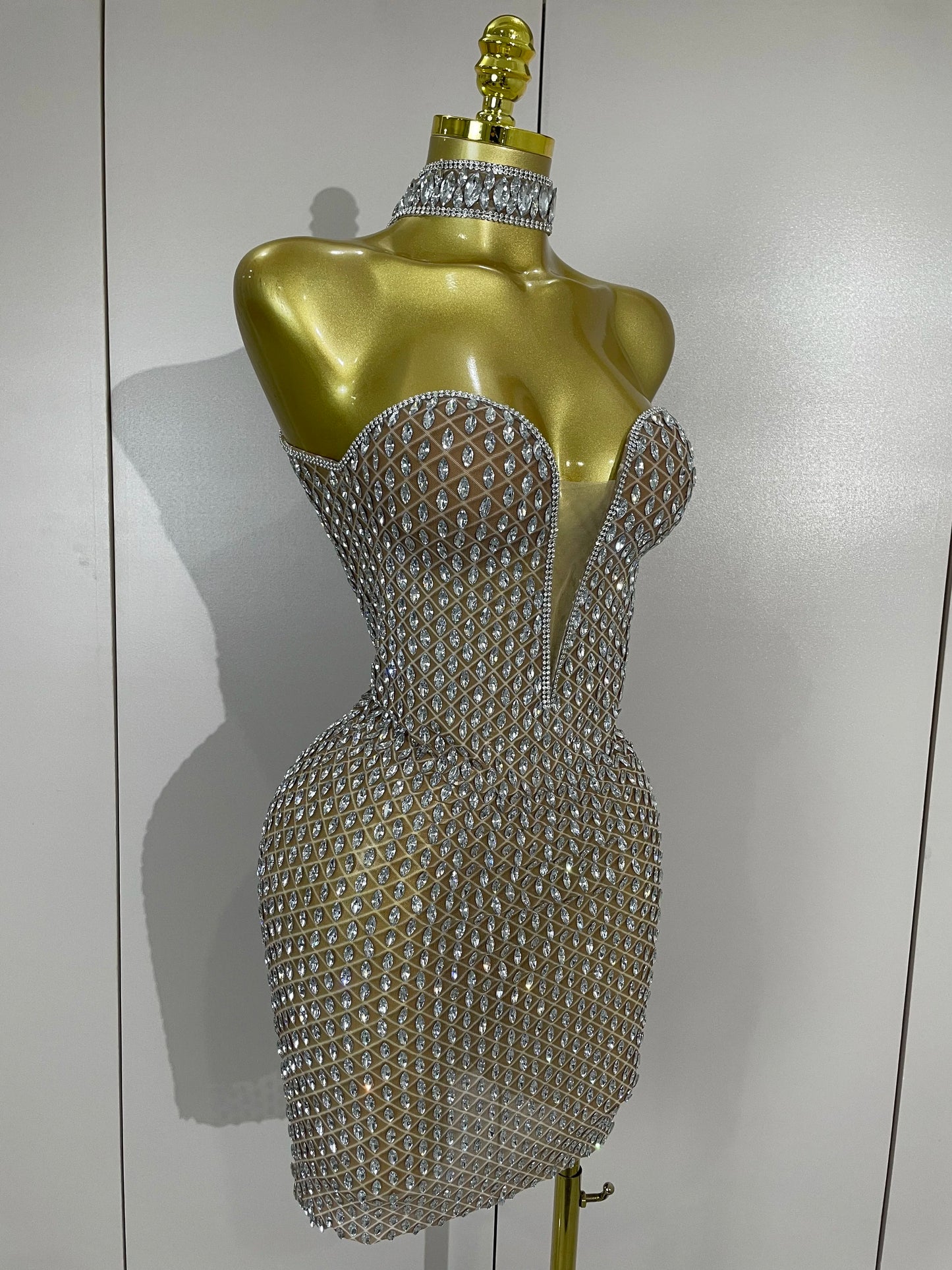 Luxurious Full Rhinestones Mesh Transparent Short