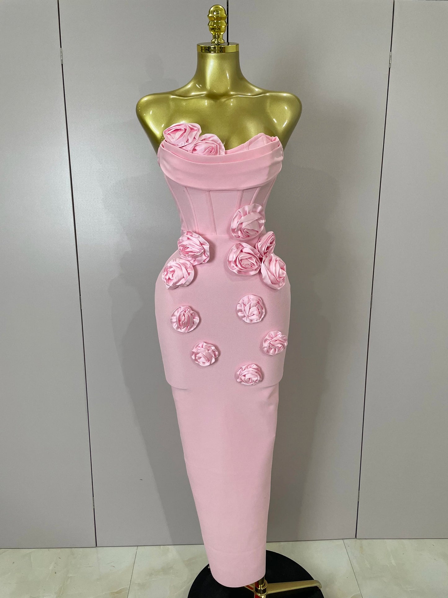 Strapless 3D Flower Bandage Maxi Dress – Elegant Evening Gown