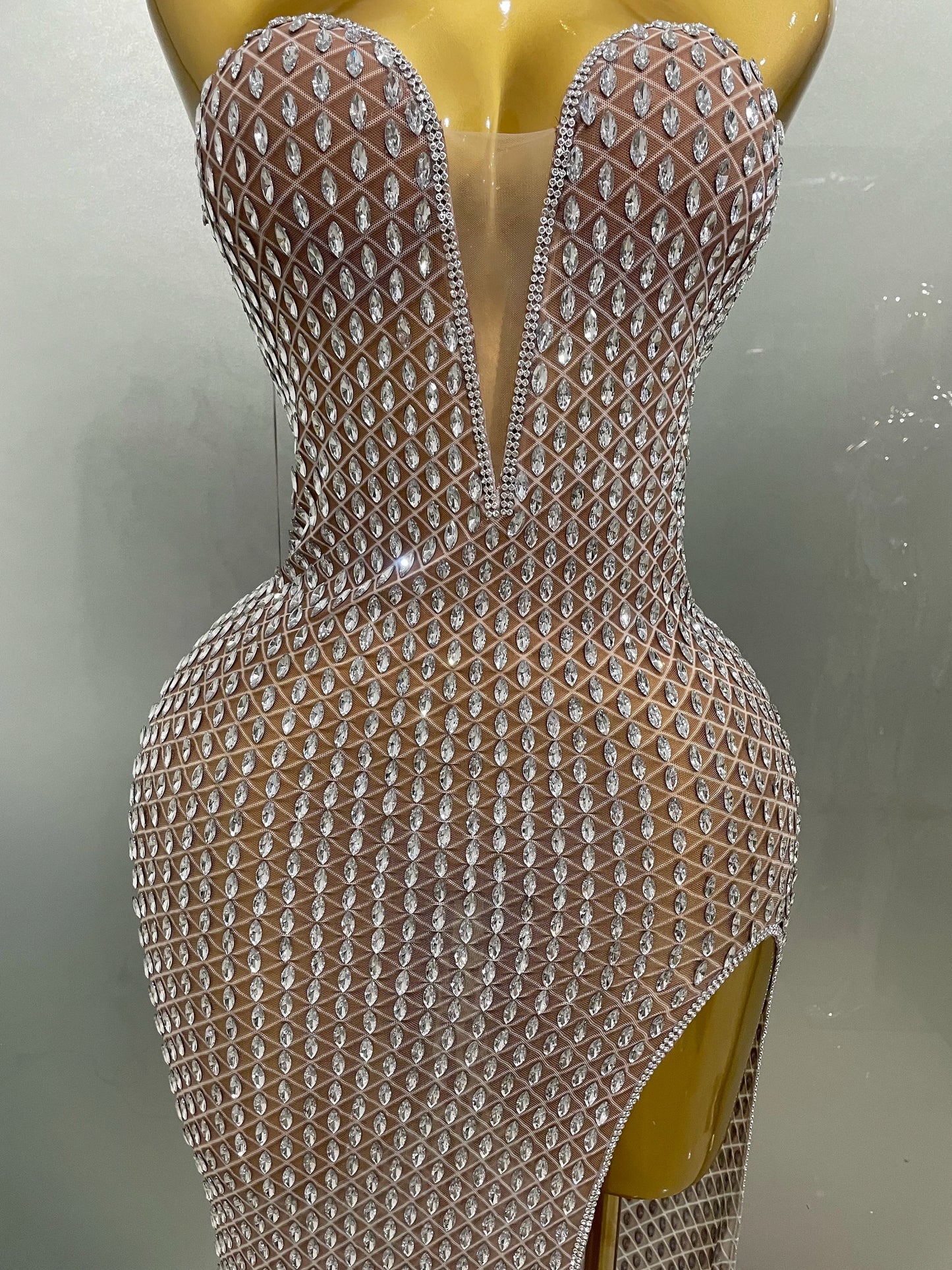 Rhinestone Mesh Sheer Long Dress – Elegant Evening & Birthday Look