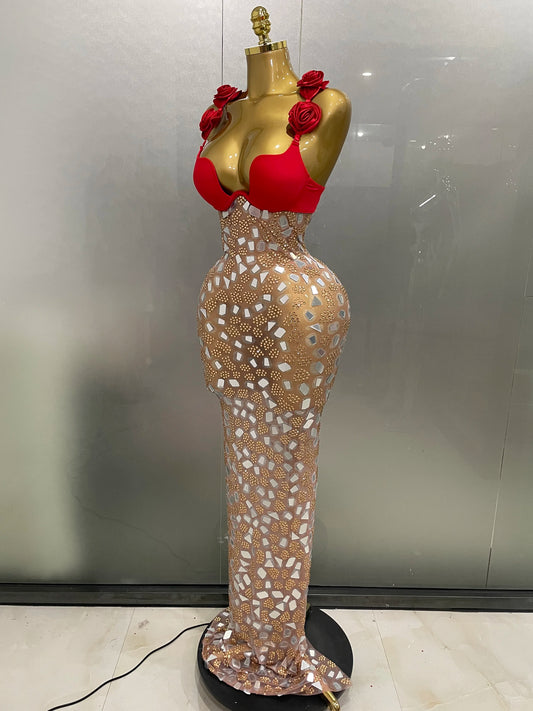 ✨ Luxury Sparkle Rose Mesh Rhinestone Evening Gown – Edición Elite
