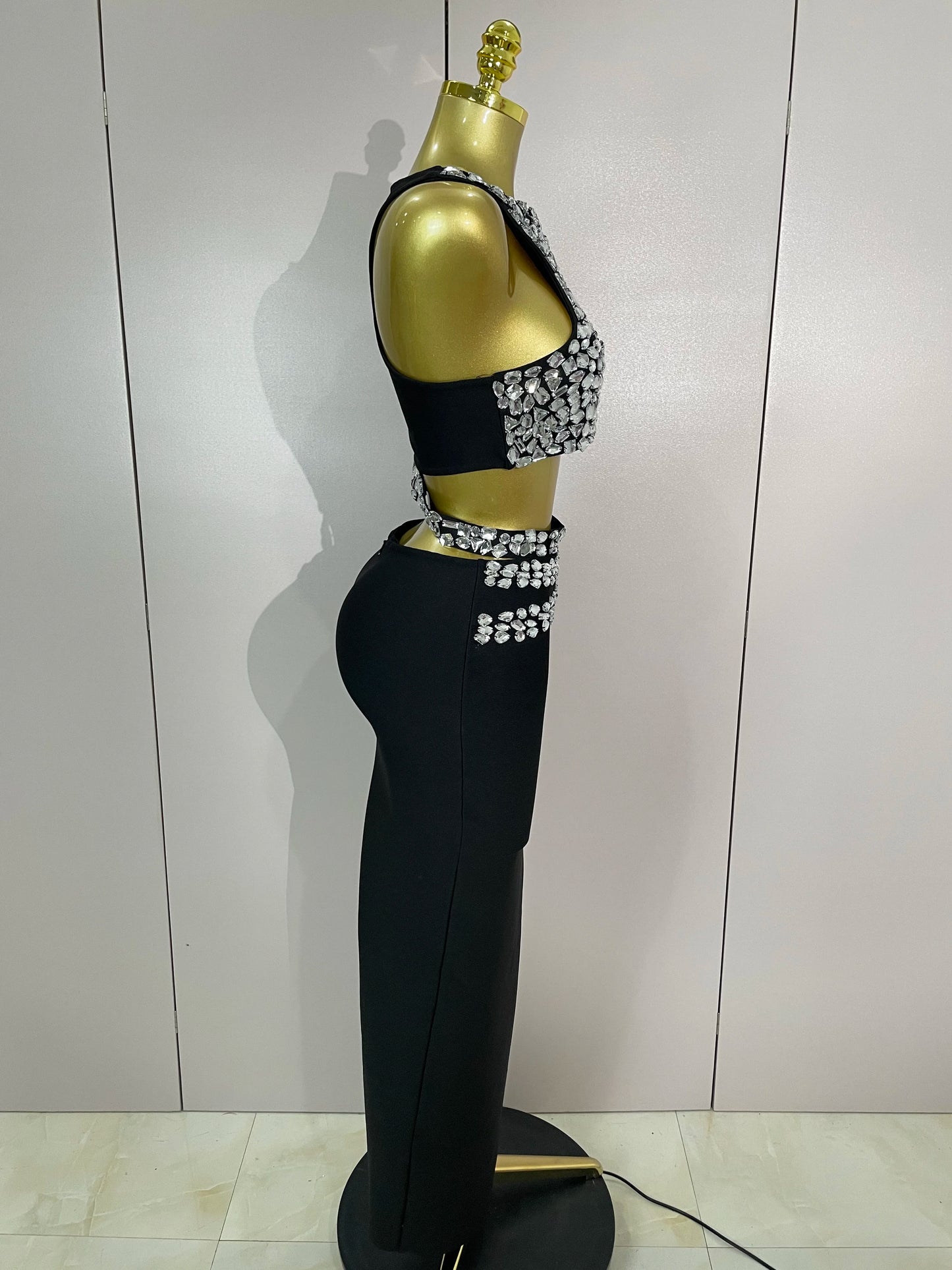 ✨Luxury Shining Sewed Diamond Black Long Bandage Two Piece