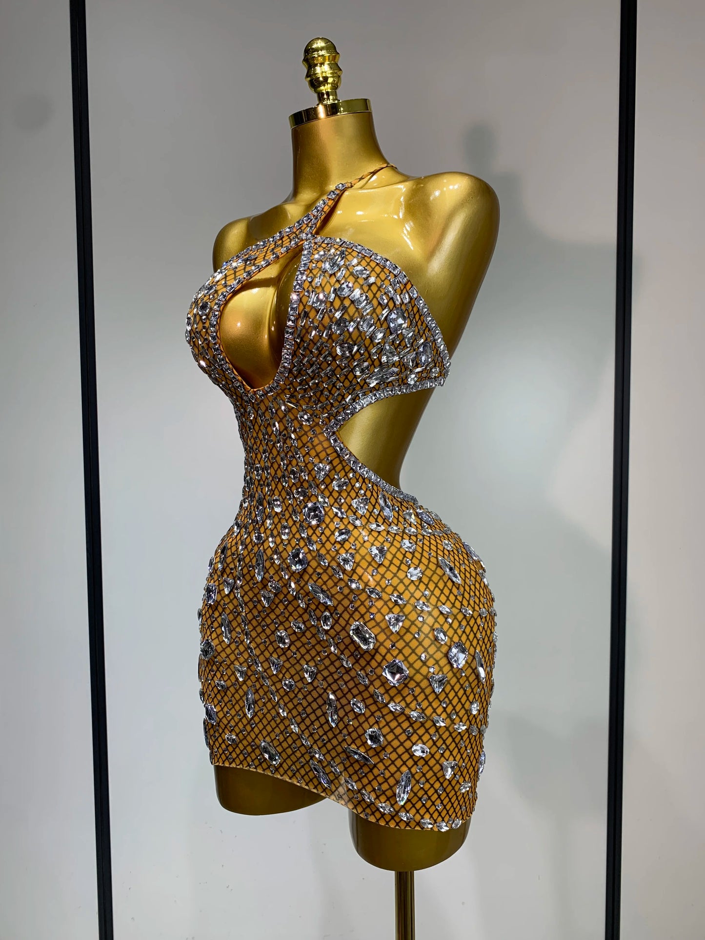 Sexy Backless Hollow Out Diamond Evening Prom Gown Birthday Luxury Celebrate Stage Nightclub Outfit