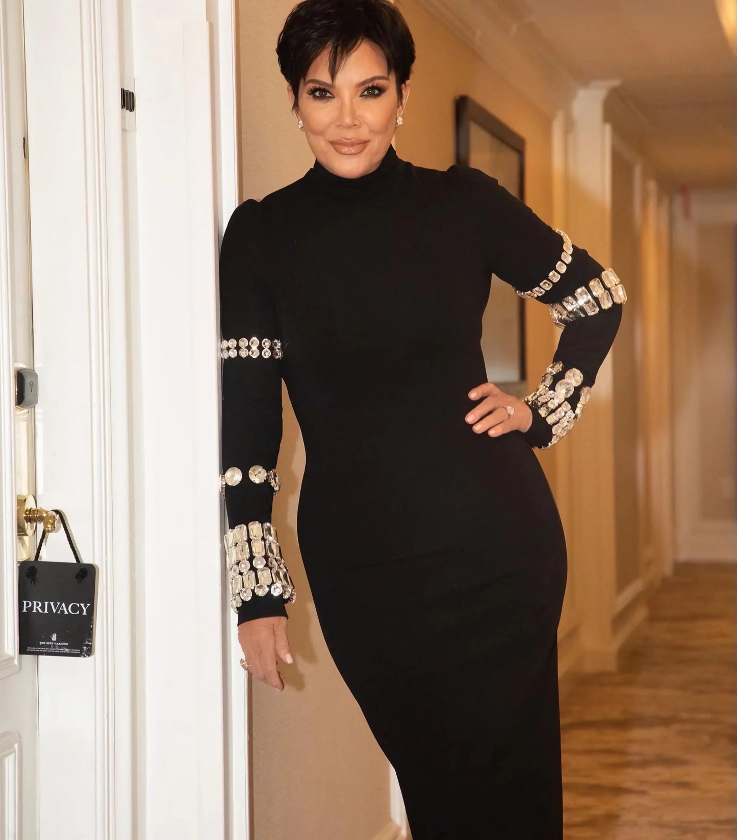 Luxury Party Dresses for Women, Long Sleeve, Crystal Embellished Beading Bandage Mini Prom, Birthday Black