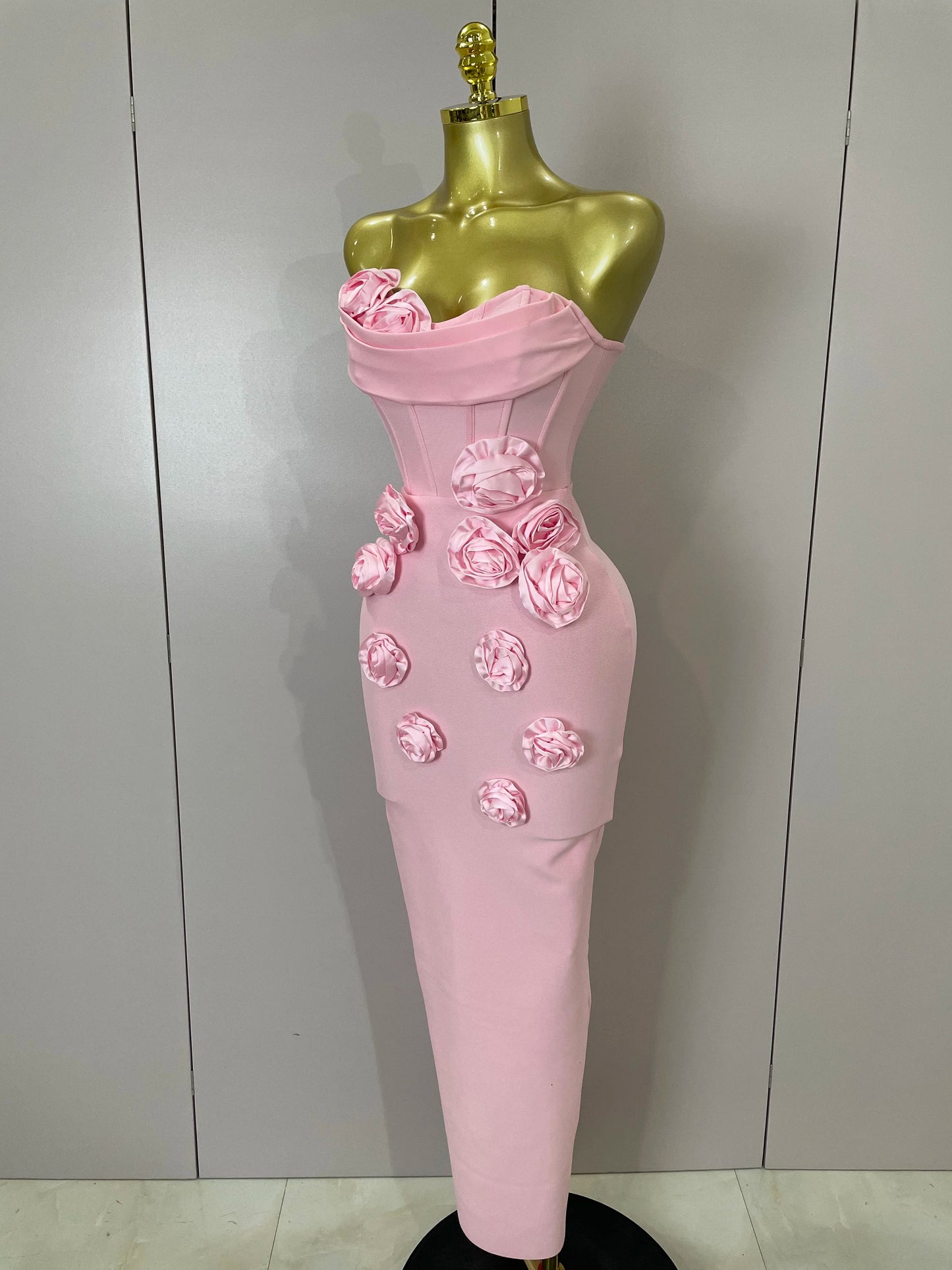 Strapless 3D Flower Bandage Maxi Dress – Elegant Evening Gown
