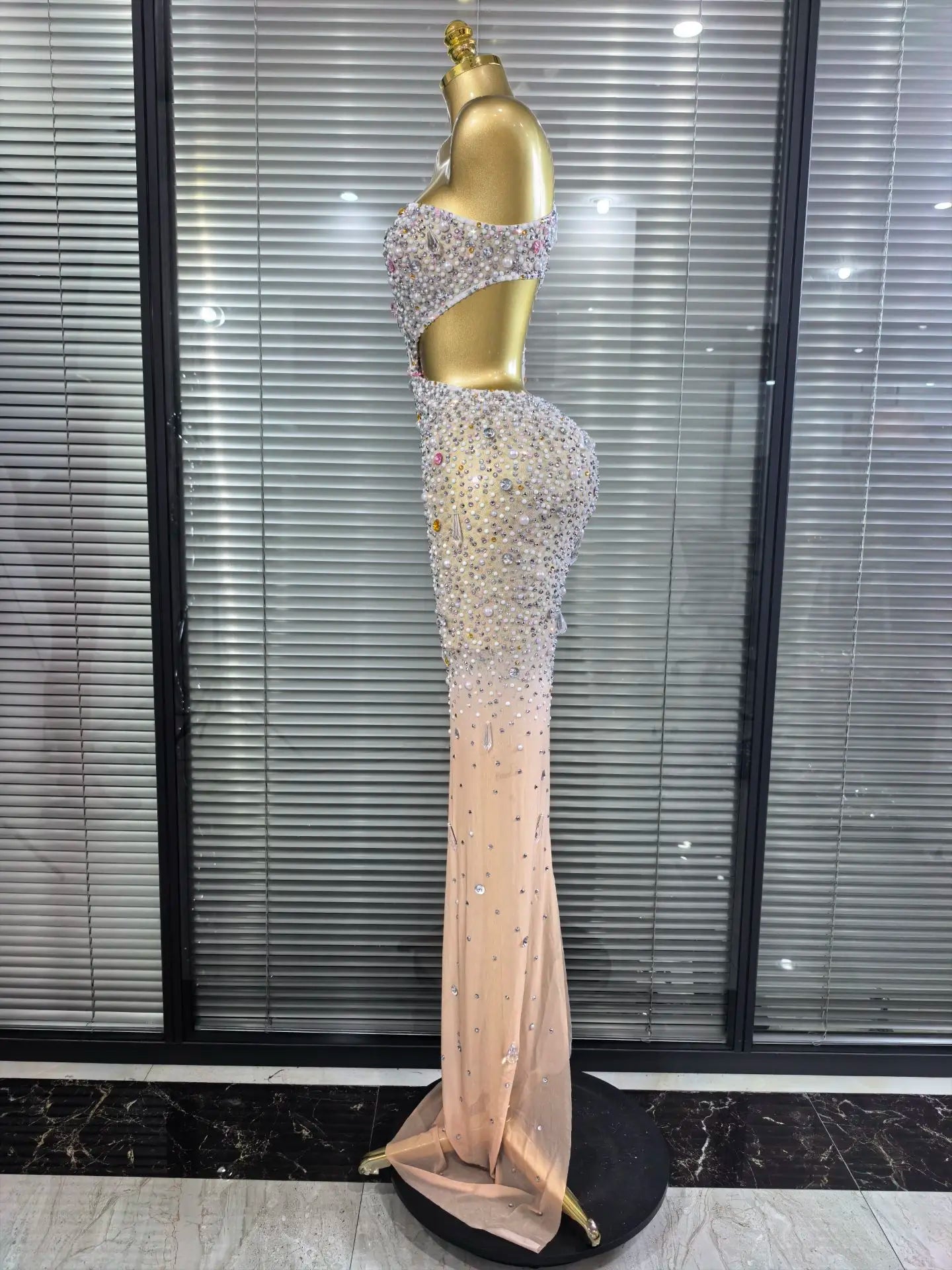 ✨Luxury Crystal One-Sleeve Mesh Evening Dress – Bodycon Long Gown✨