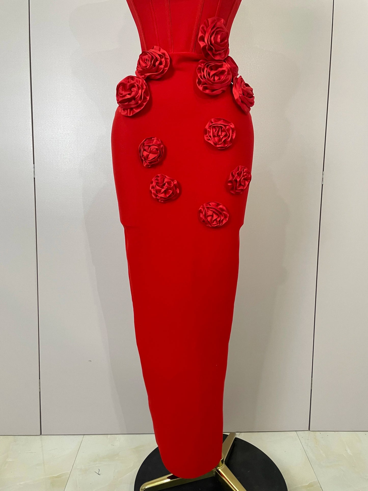 Strapless 3D Flower Bandage Maxi Dress – Elegant Evening Gown