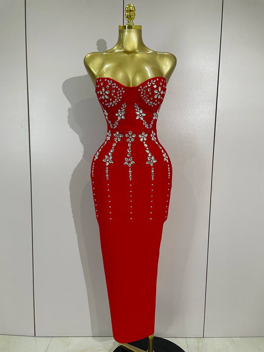 ✨ Luxury Red Diamond Strapless – Sparkly Bodycon Evening Dress