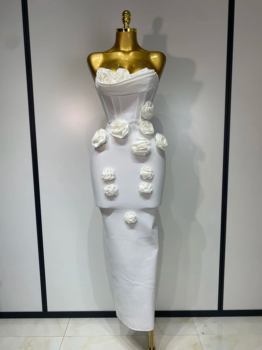 Strapless 3D Flower Bandage Maxi Dress Elegant Evening Gown with Detailed Floral Embellishments for Special Occasions