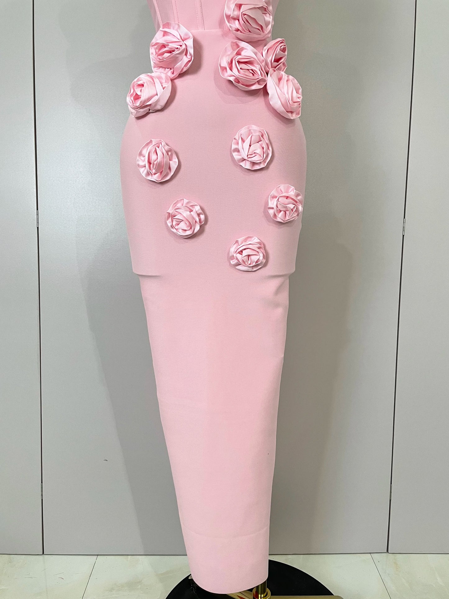 Strapless 3D Flower Bandage Maxi Dress – Elegant Evening Gown