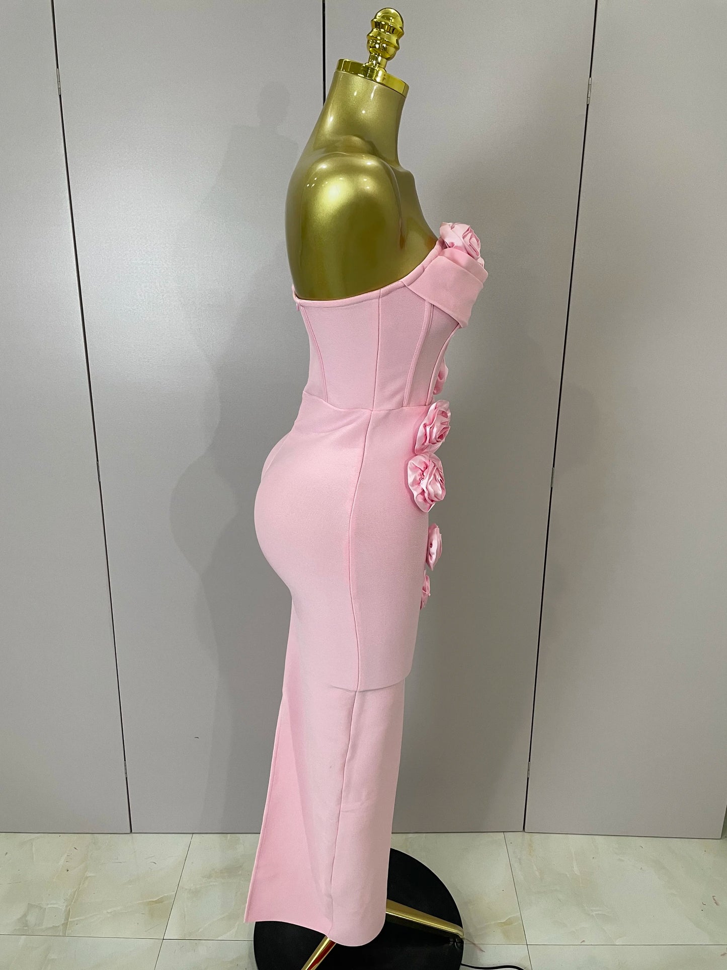 Strapless 3D Flower Bandage Maxi Dress – Elegant Evening Gown