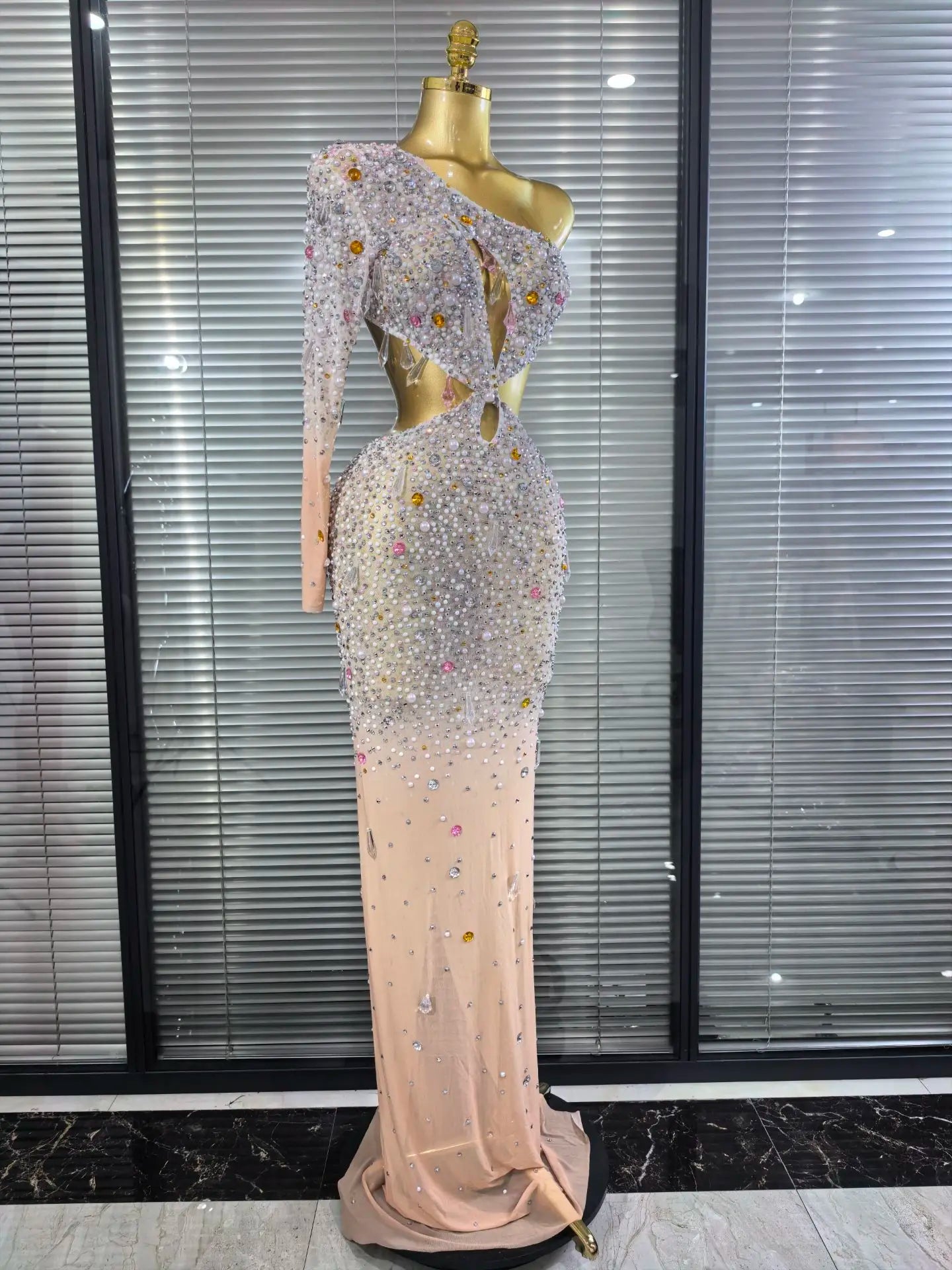 ✨Luxury Crystal One-Sleeve Mesh Evening Dress – Bodycon Long Gown✨