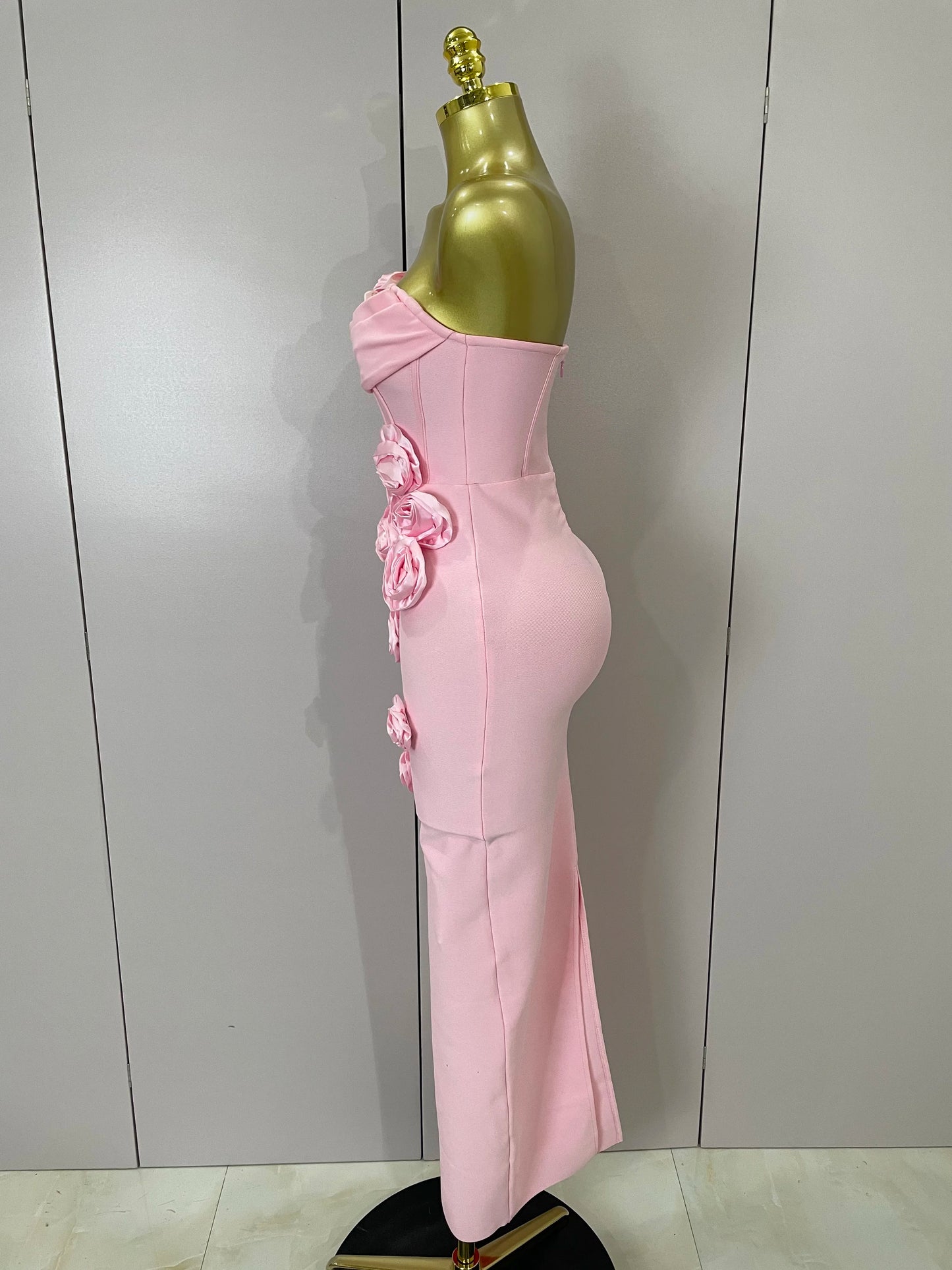 Strapless 3D Flower Bandage Maxi Dress – Elegant Evening Gown