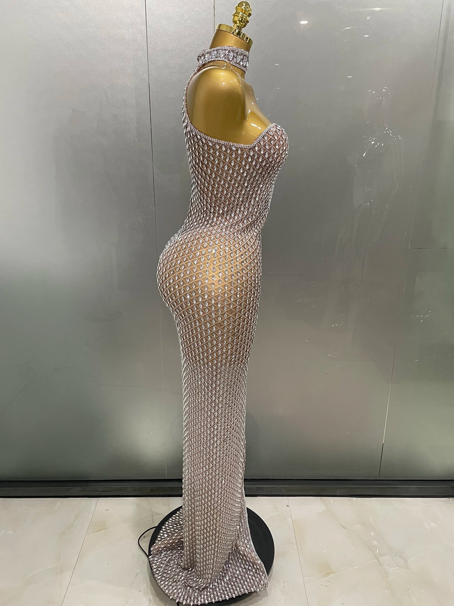 Rhinestone Mesh Sheer Long Dress – Elegant Evening & Birthday Look