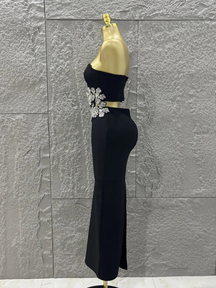 Luxury ⭐ Vestido Bodycon Negro con Flores Brillantes – 2 Piezas Elegante