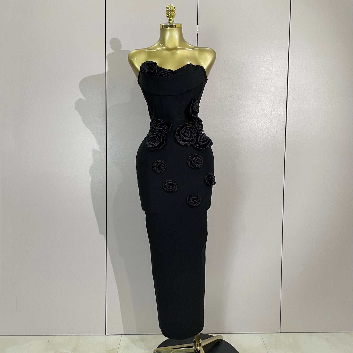 Strapless 3D Flower Bandage Maxi Dress – Elegant Evening Gown