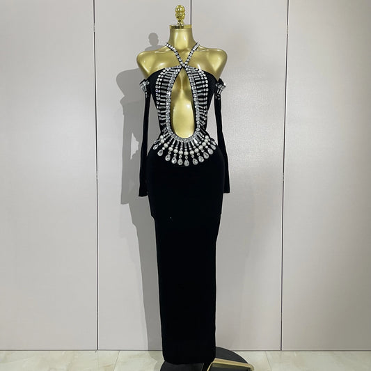 Luxury Sparkly Diamonds Black Velvet Hollow Out Long Sleeve Dress