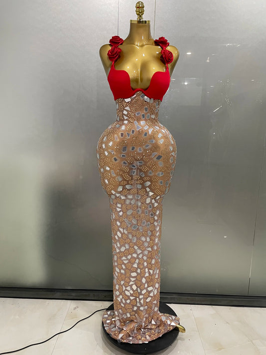 ✨ Luxury Sparkle Rose Mesh Rhinestone Evening Gown – Edición Elite