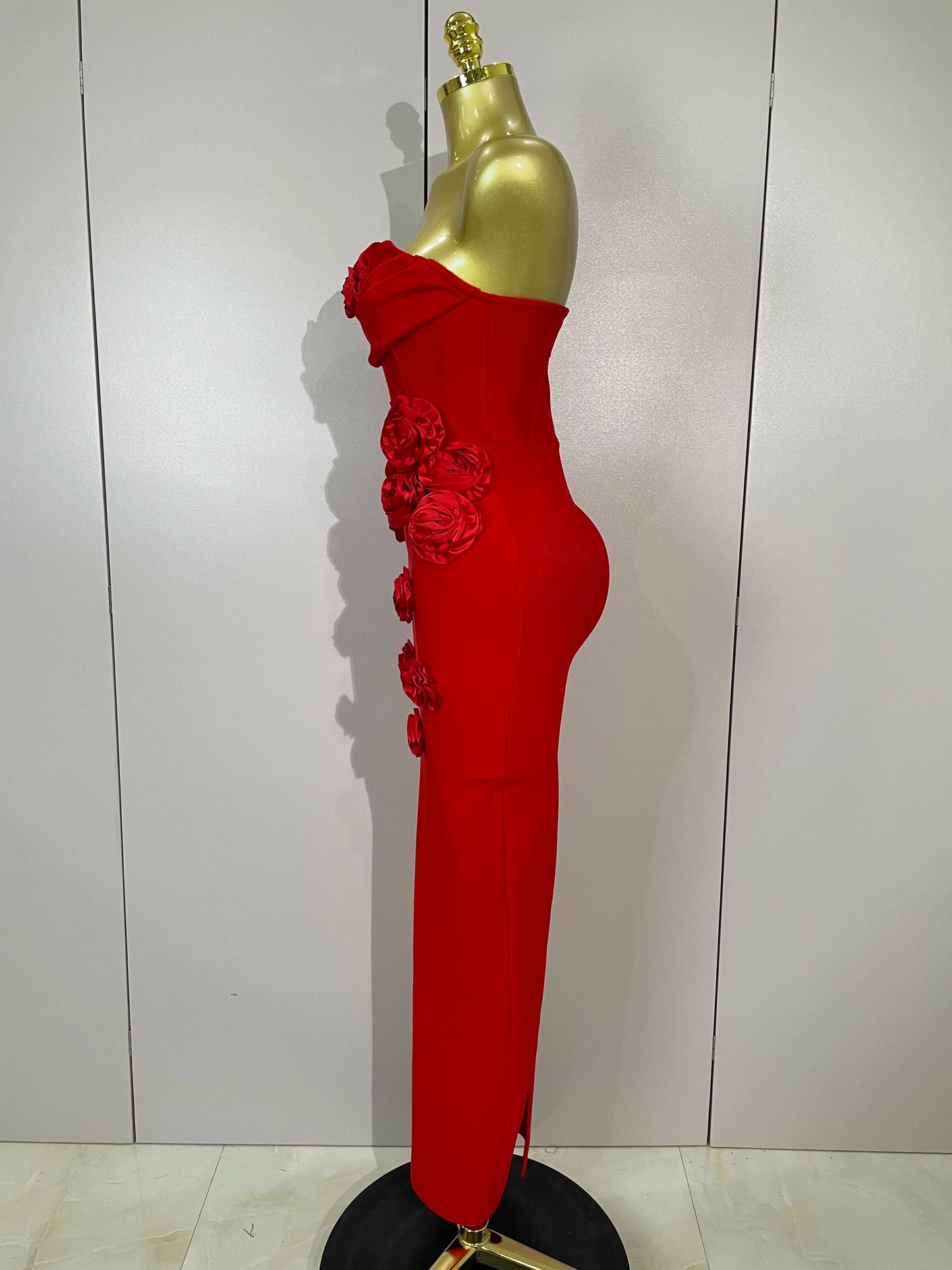 Strapless 3D Flower Bandage Maxi Dress – Elegant Evening Gown