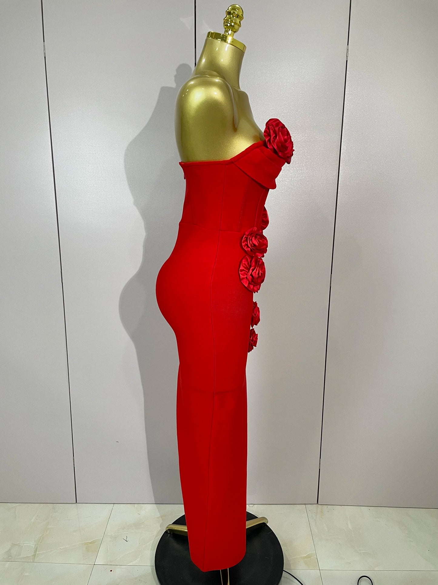 Strapless 3D Flower Bandage Maxi Dress – Elegant Evening Gown