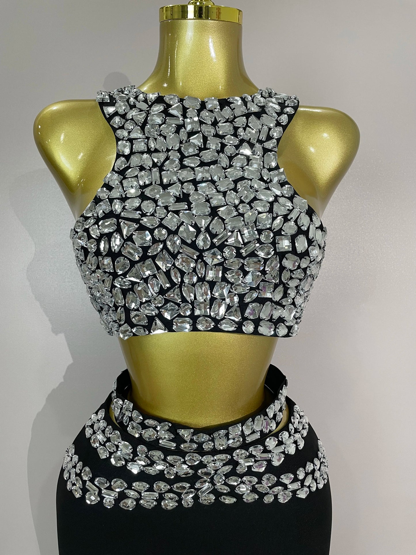 ✨Luxury Shining Sewed Diamond Black Long Bandage Two Piece
