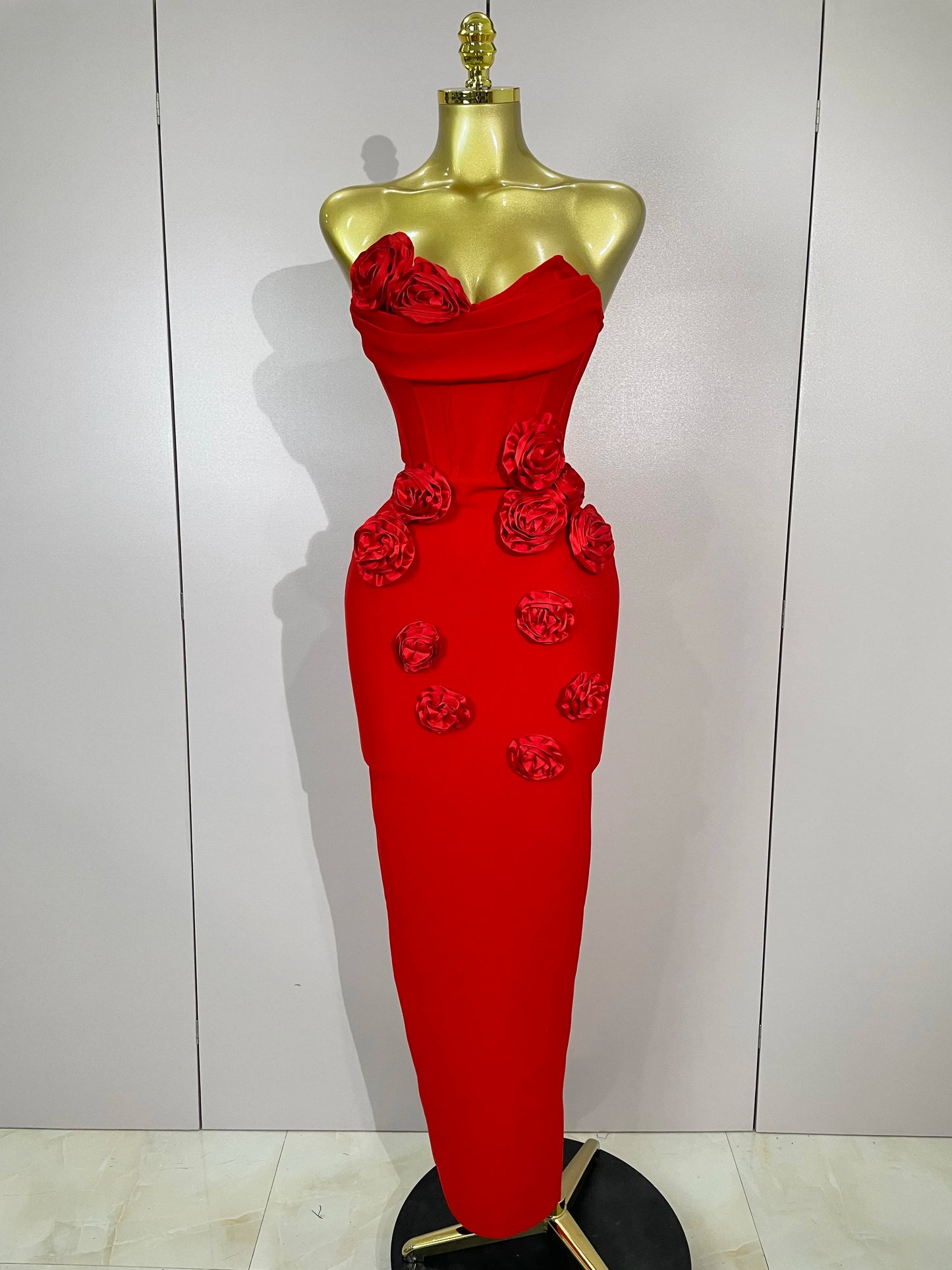 Strapless 3D Flower Bandage Maxi Dress – Elegant Evening Gown