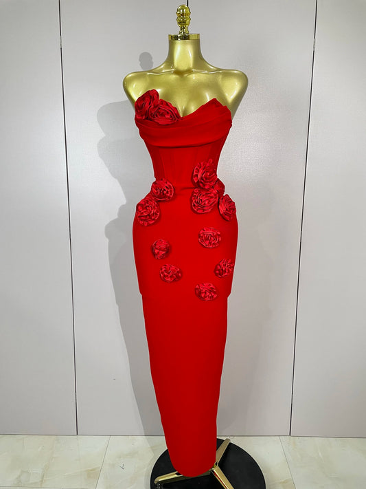 Strapless 3D Flower Bandage Maxi Dress – Elegant Evening Gown