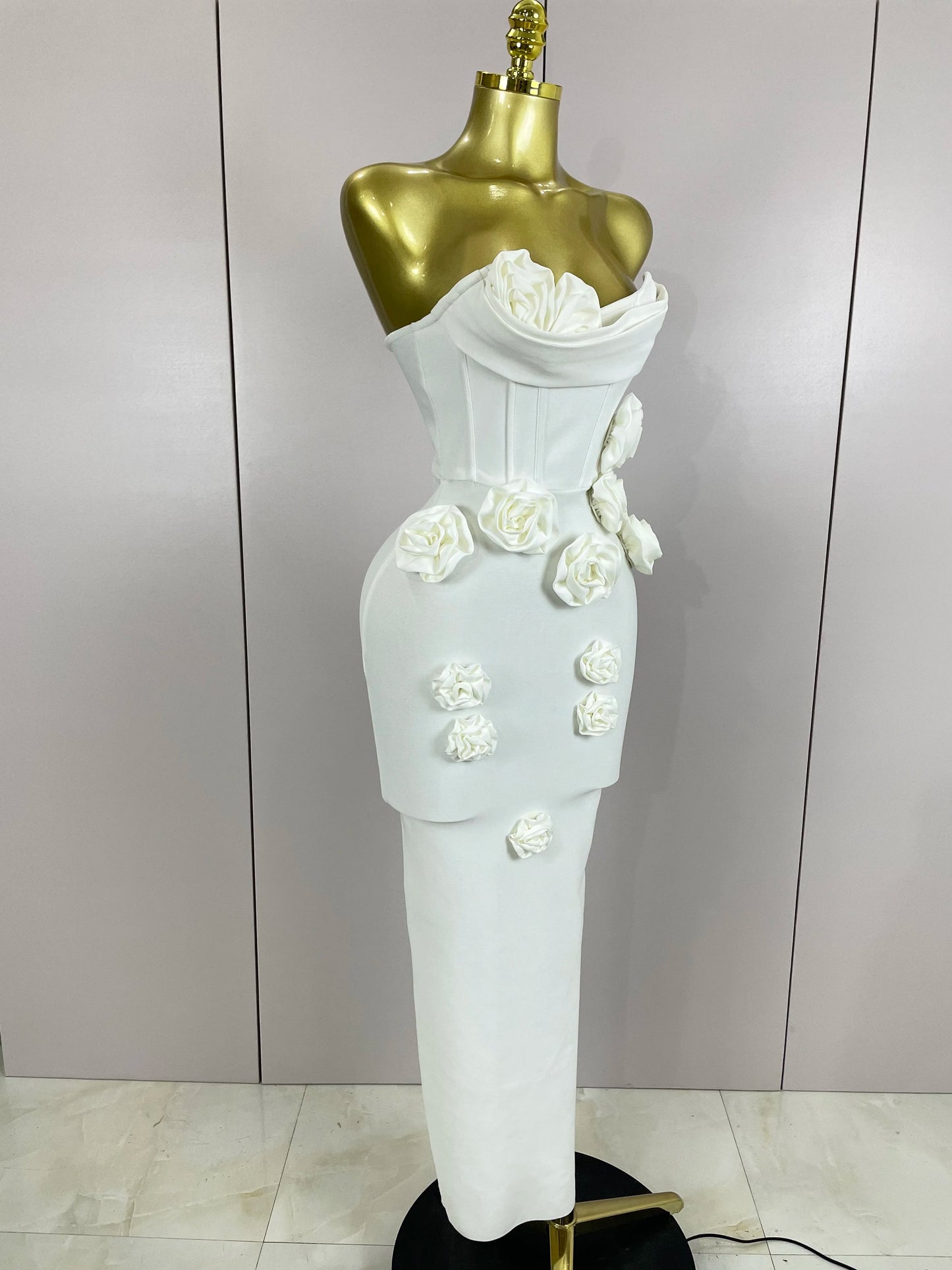 Strapless 3D Flower Bandage Maxi Dress – Elegant Evening Gown
