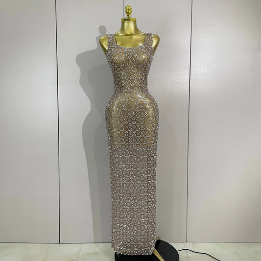 ✨luxury Elegant Sparkly Rhinestone Mesh Long Dress – Sexy Bodycon Evening & Party Gow