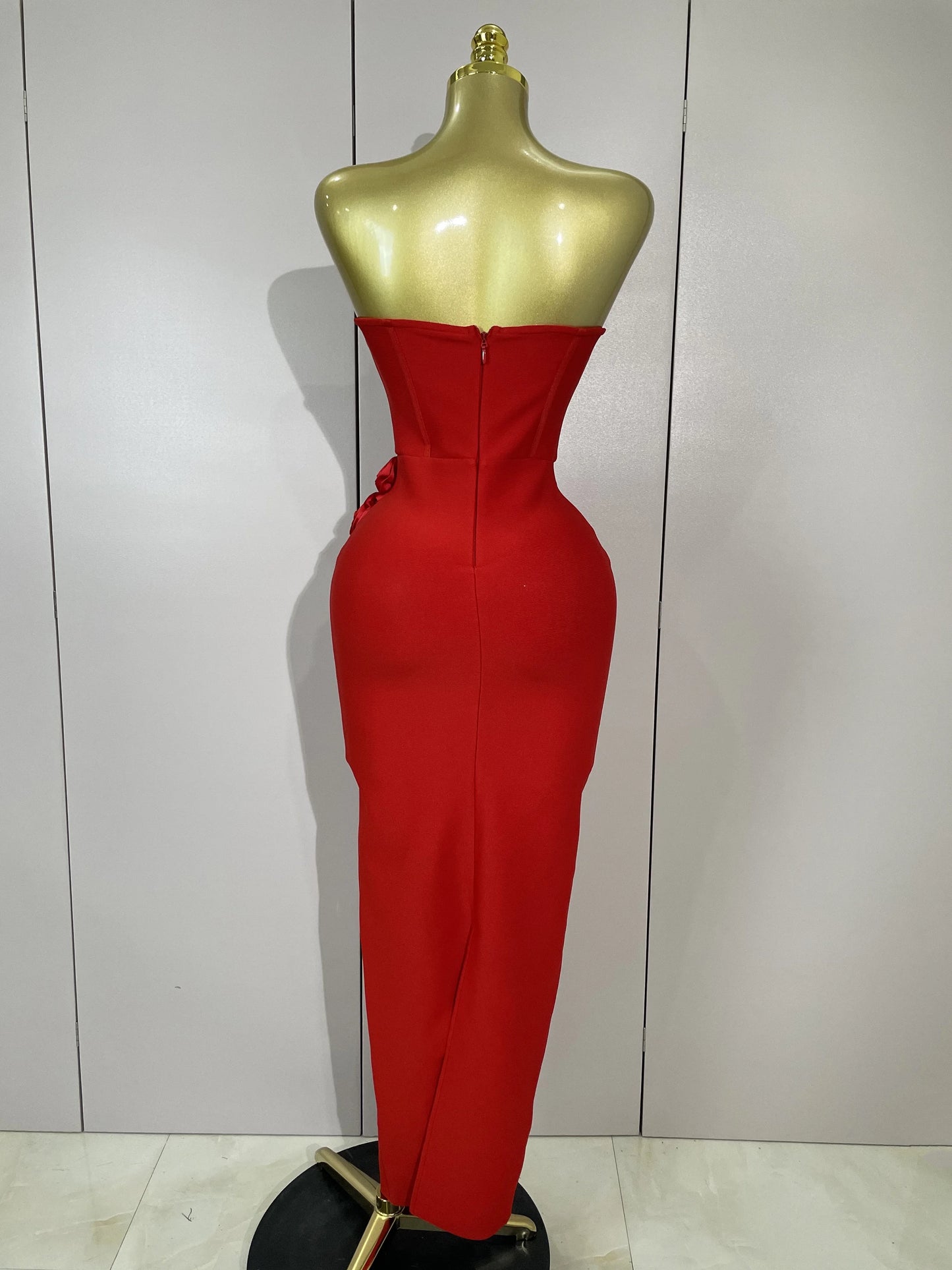 Strapless 3D Flower Bandage Maxi Dress – Elegant Evening Gown