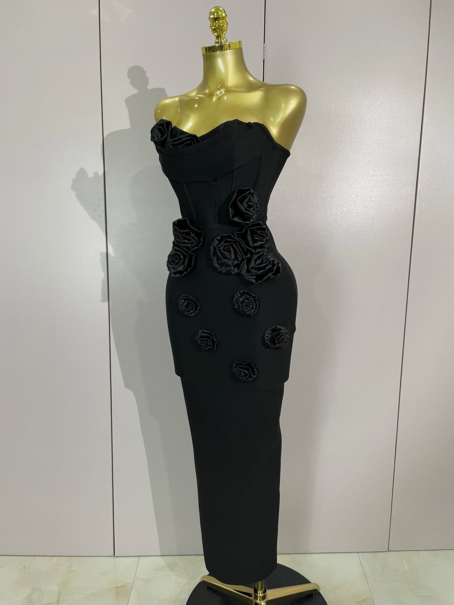Strapless 3D Flower Bandage Maxi Dress – Elegant Evening Gown