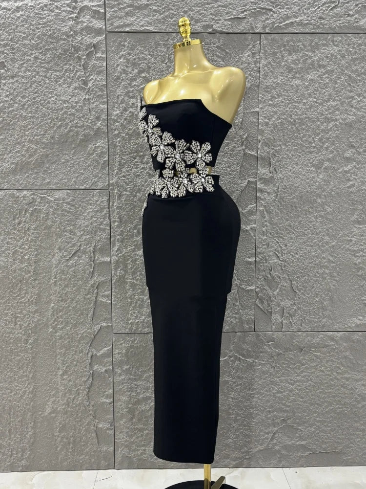 Luxury ⭐ Vestido Bodycon Negro con Flores Brillantes – 2 Piezas Elegante