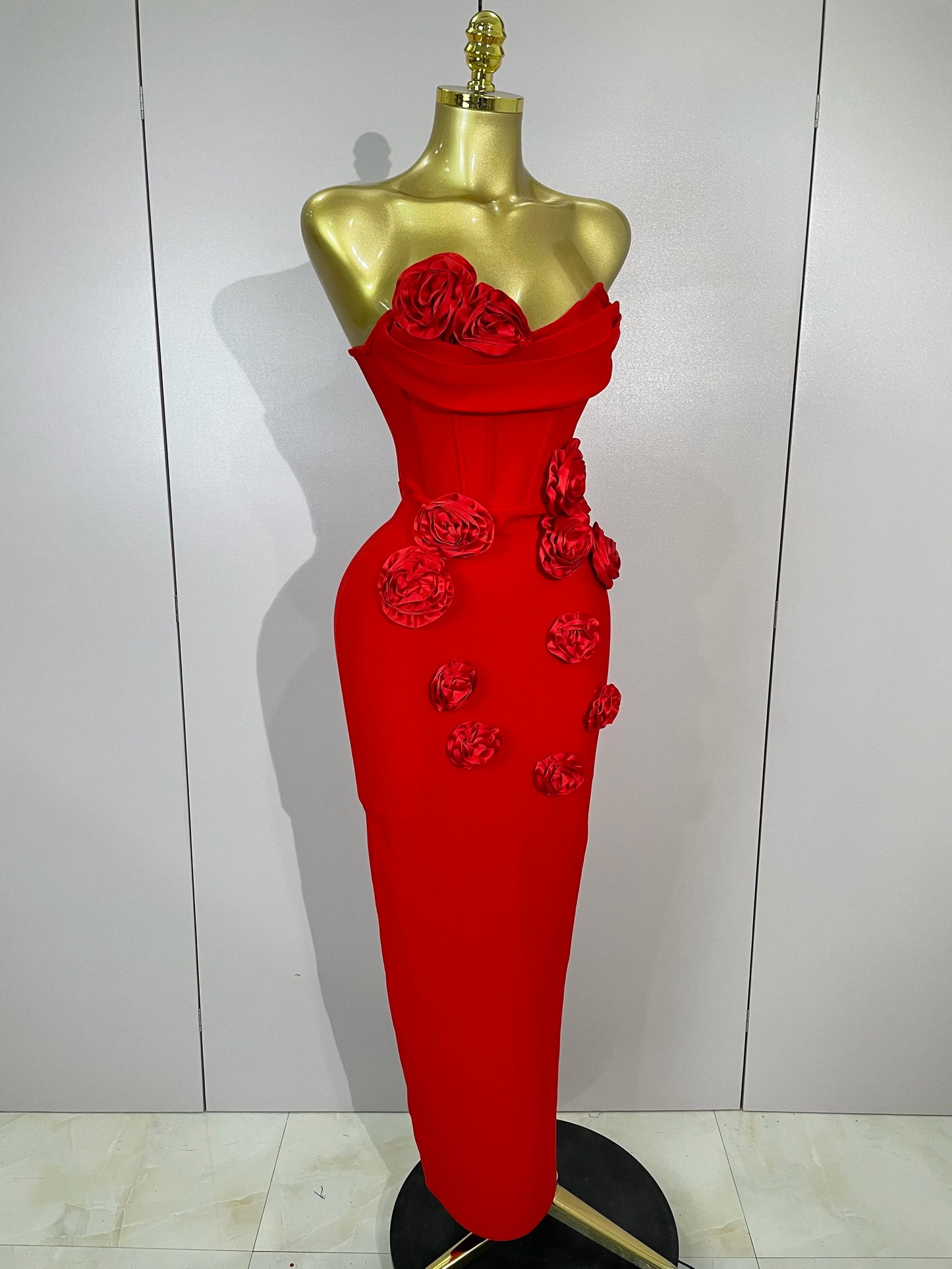 Strapless 3D Flower Bandage Maxi Dress – Elegant Evening Gown