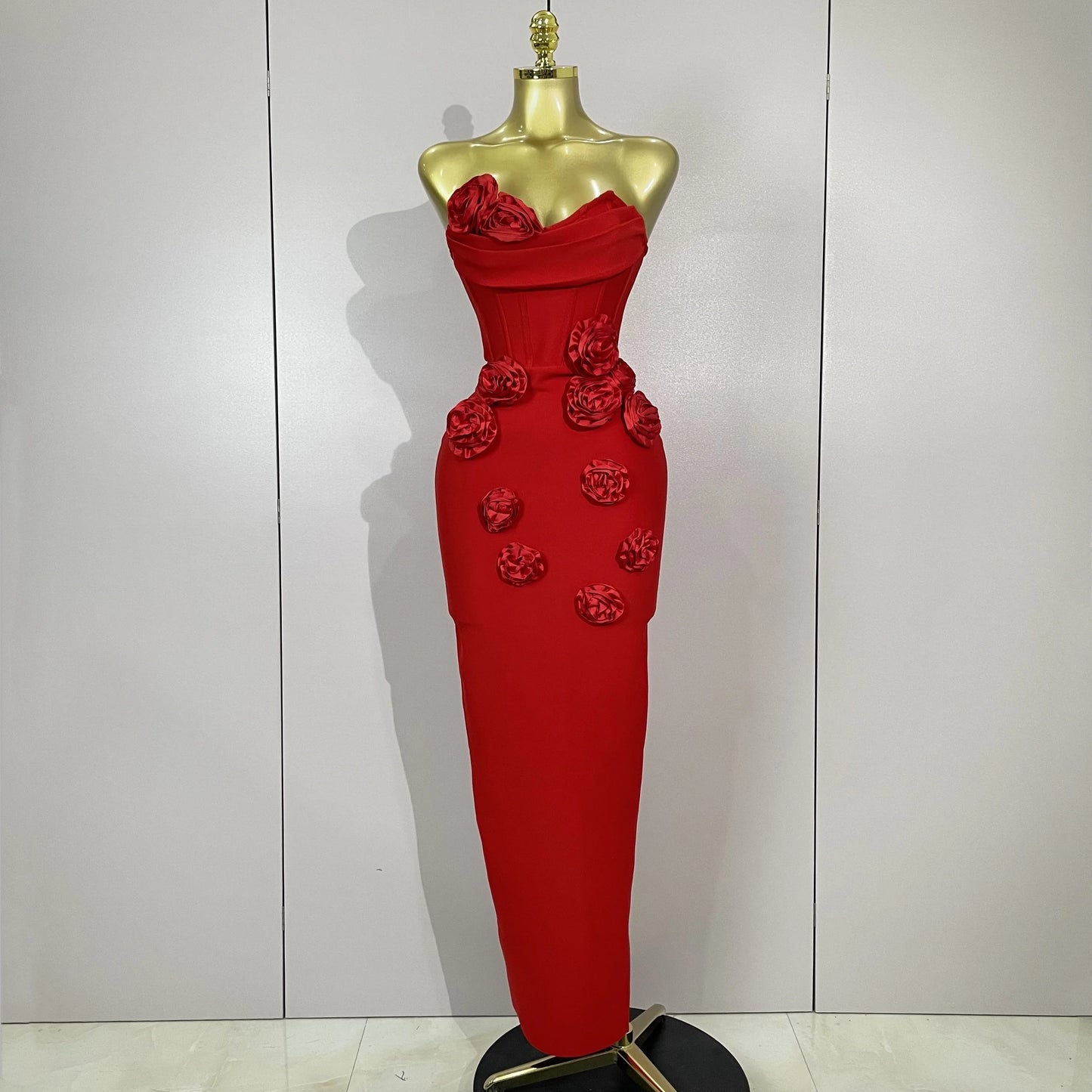 Strapless 3D Flower Bandage Maxi Dress – Elegant Evening Gown