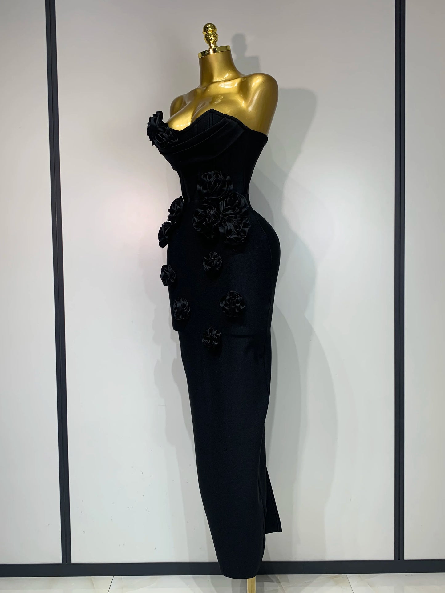Strapless 3D Flower Bandage Maxi Dress Elegant Evening Gown with Detailed Floral Embellishments for Special Occasions