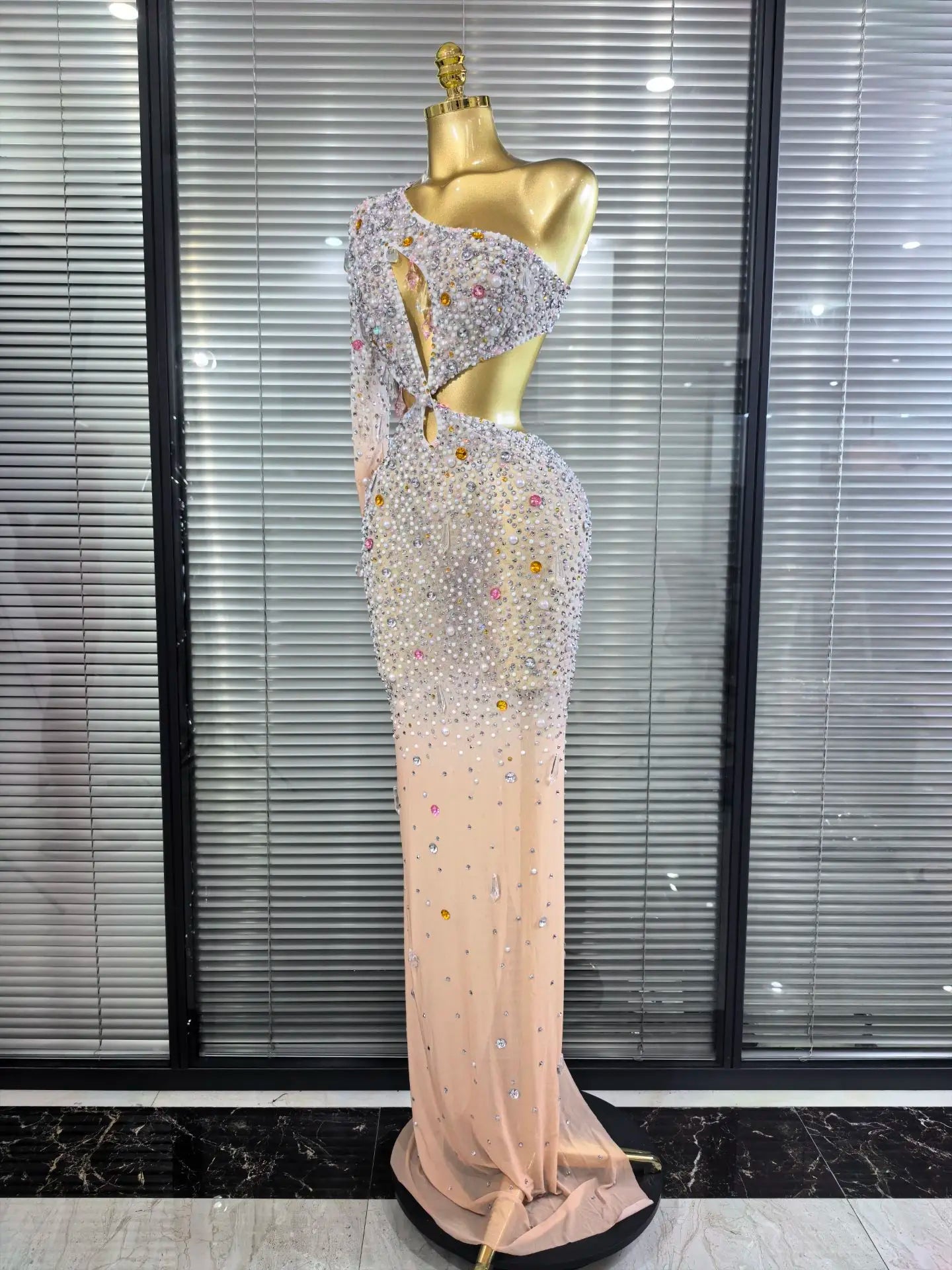 ✨Luxury Crystal One-Sleeve Mesh Evening Dress – Bodycon Long Gown✨